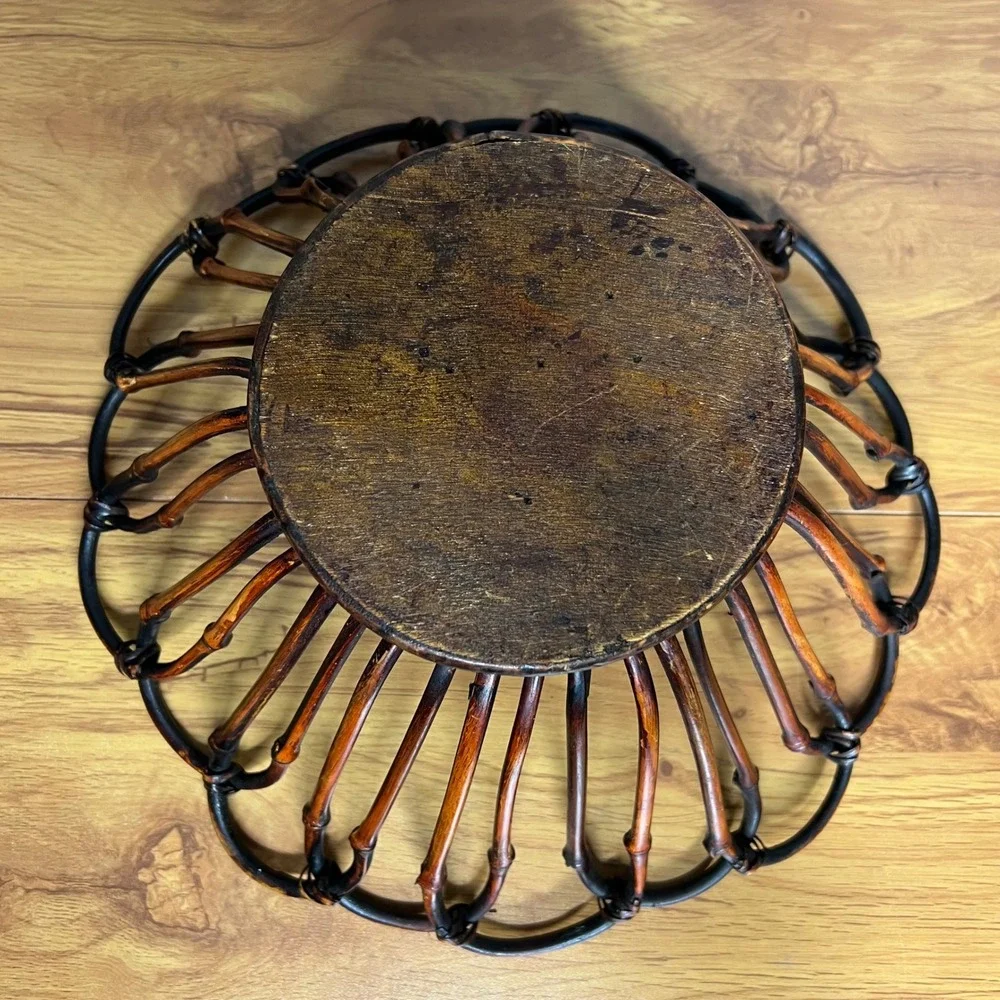 Vintage Bent Bamboo Wood Fruit Basket Boho Centerpiece Tiki Coastal MCM Eclectic